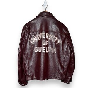 Vintage 1990 University Of Guelph Leather Jacket Maroon Burgundy Size 42